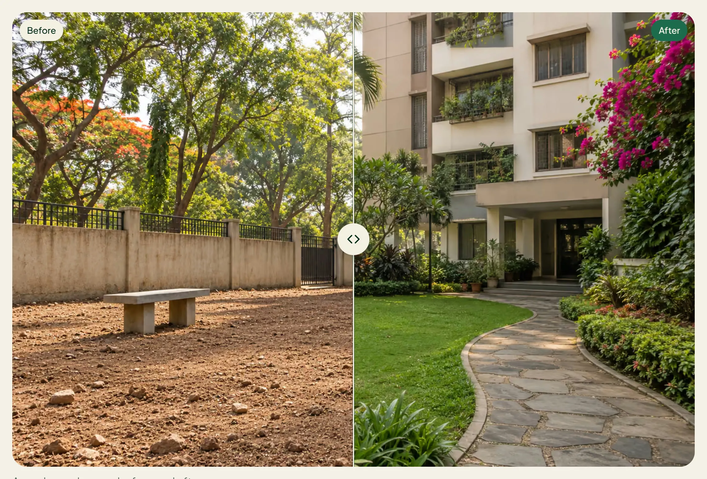 A split image of a dusty yard with a bench beside a lush garden with a stone path