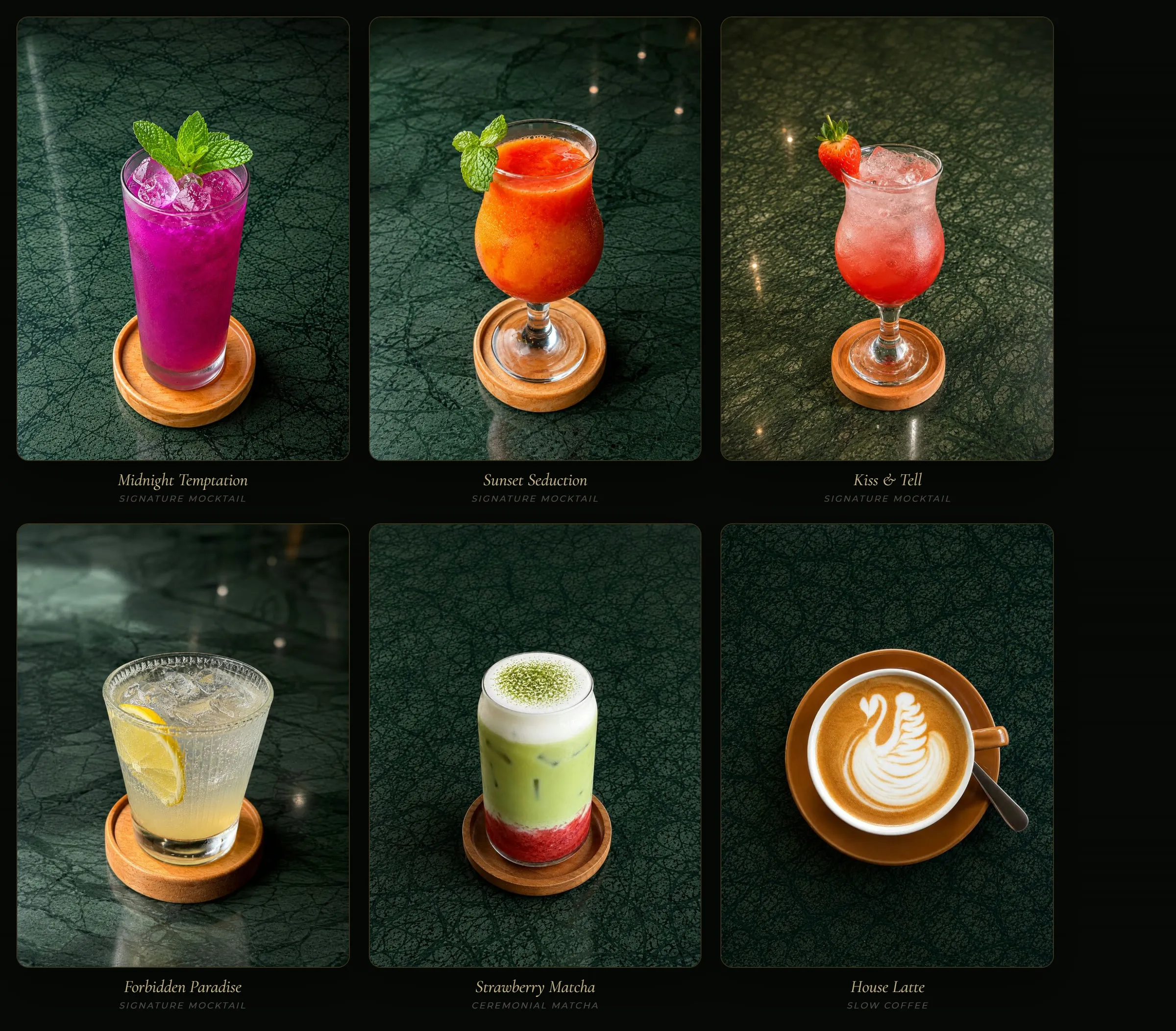 A grid of six drinks on dark green marble with wooden coasters
