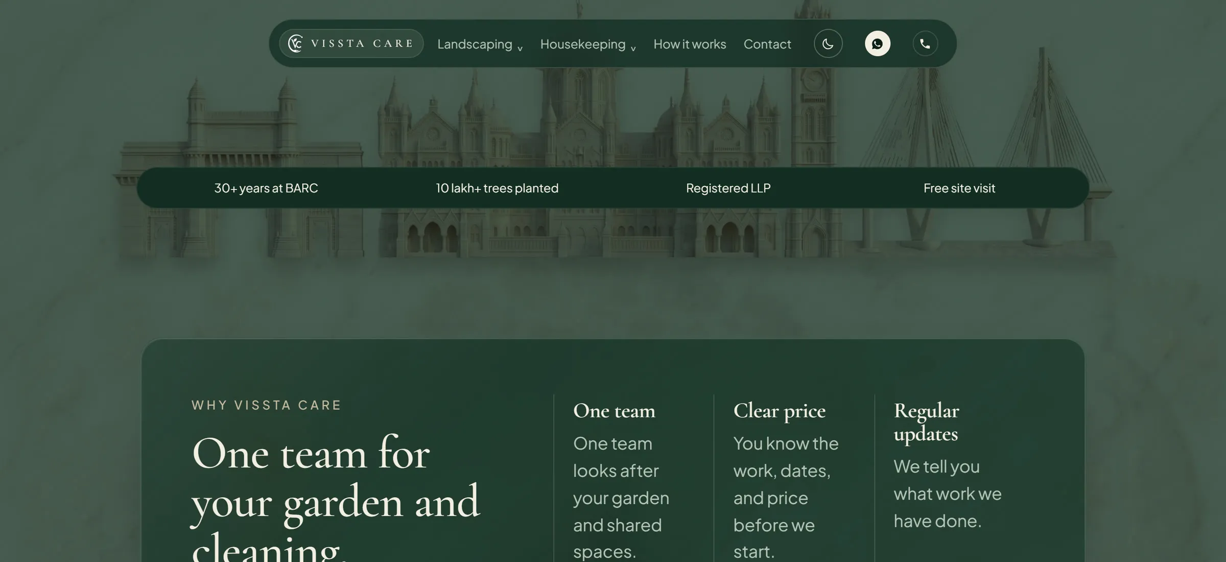 The Vissta Care page in its dark theme with the marble landmarks tinted green