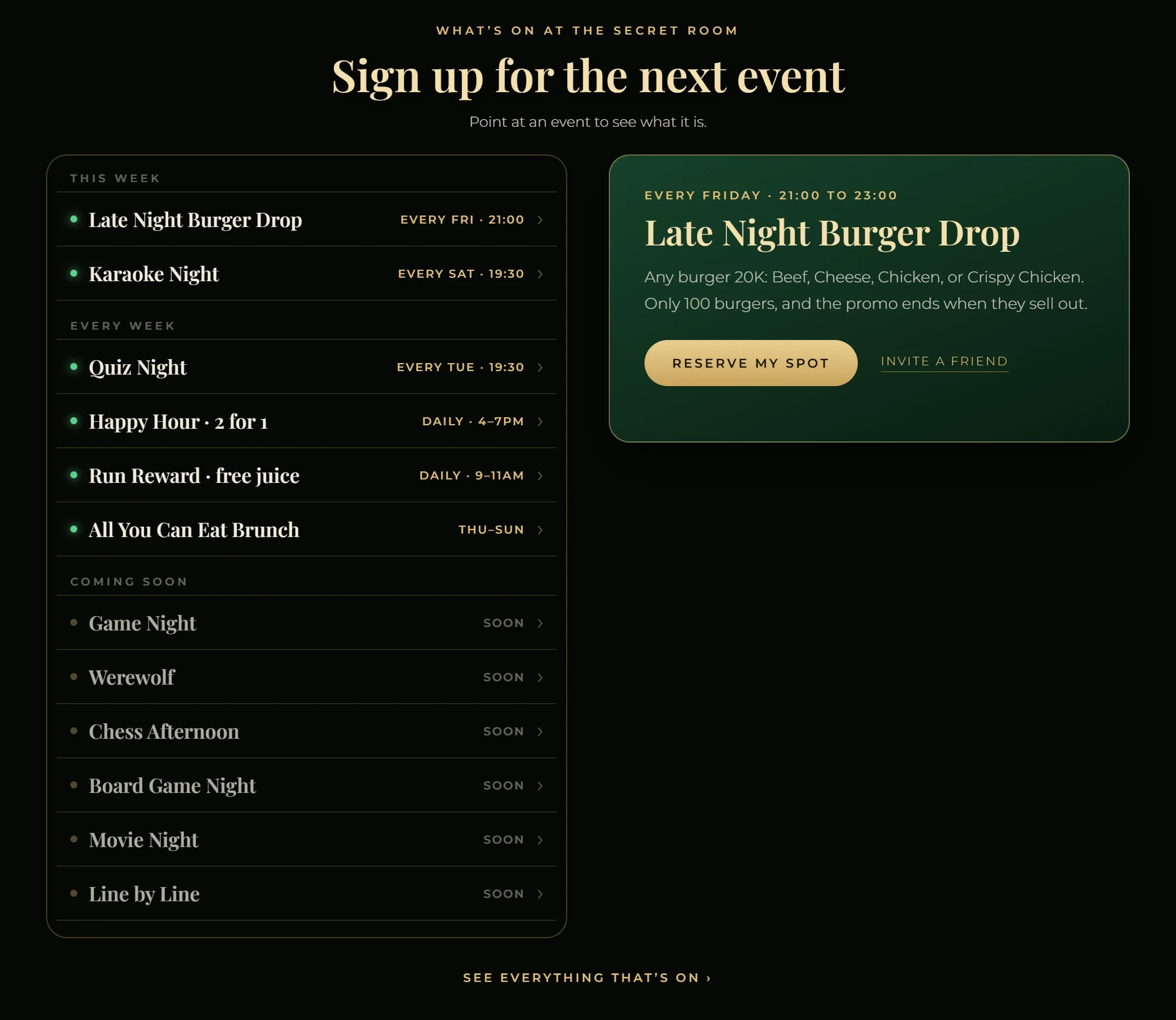 A dark events list with green accents beside a green featured event card