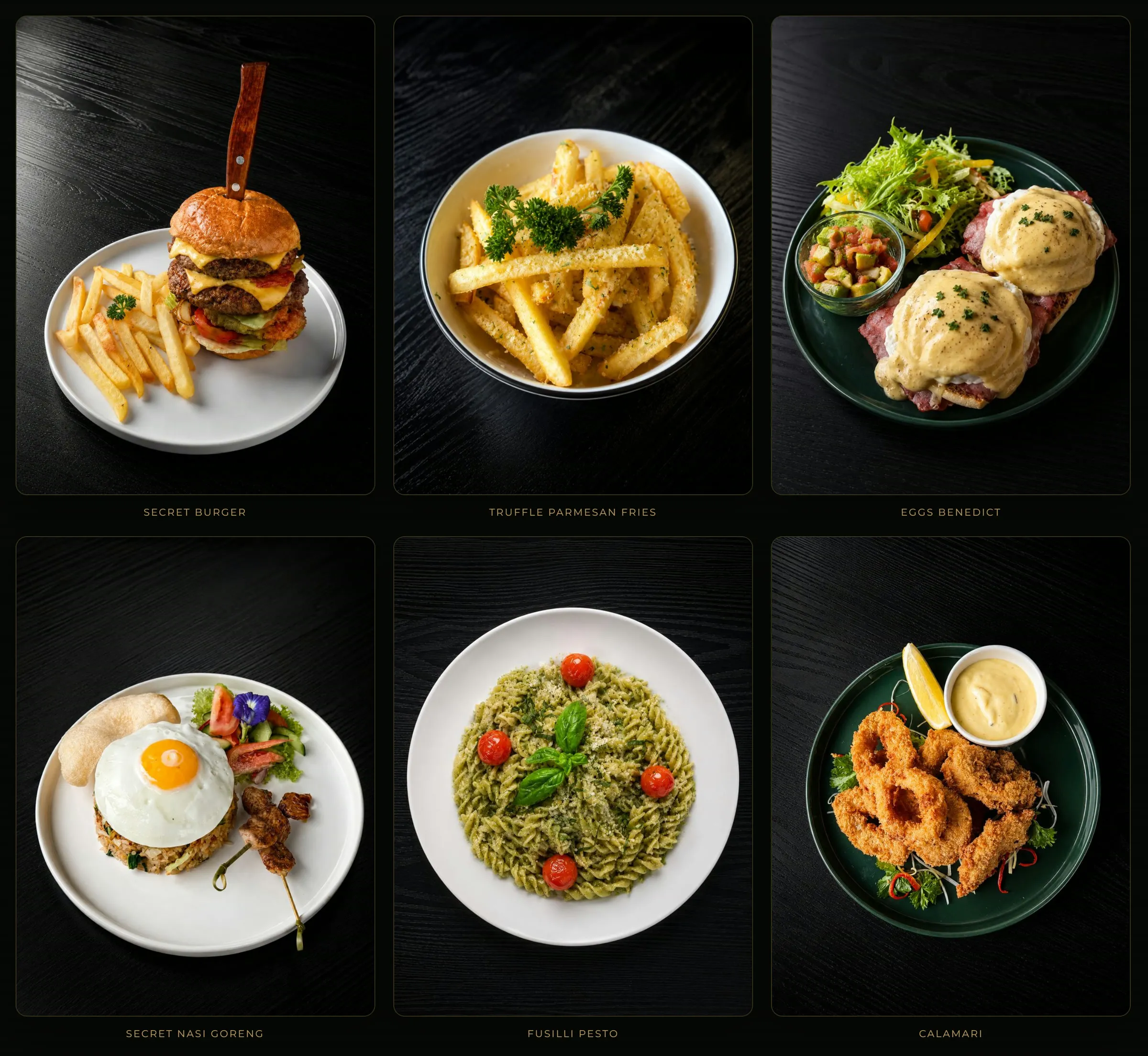 A grid of six dishes photographed from above on dark wood