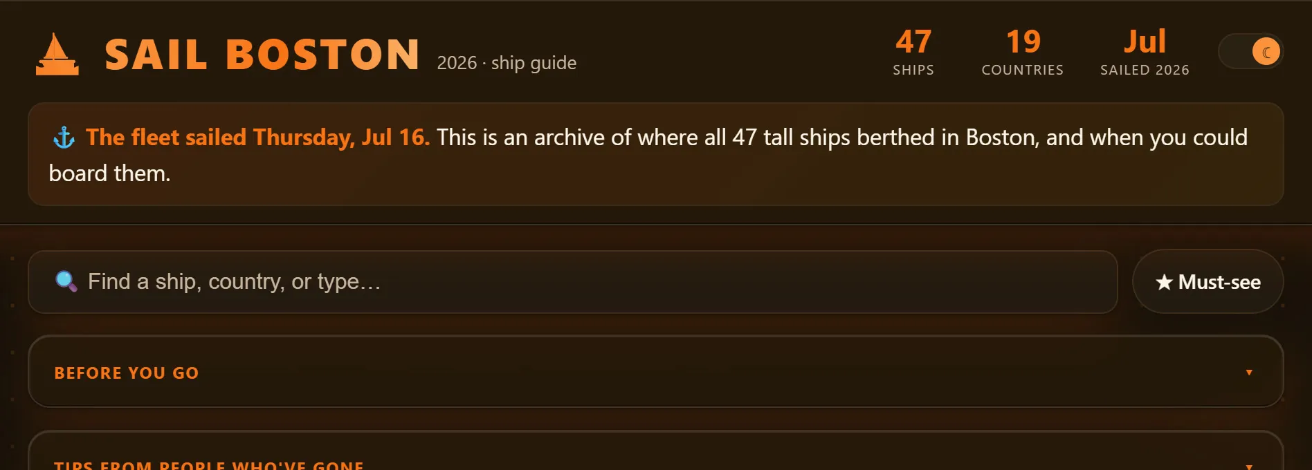 The Sail Boston header on dark brown with three orange numbers, a notice and a search box