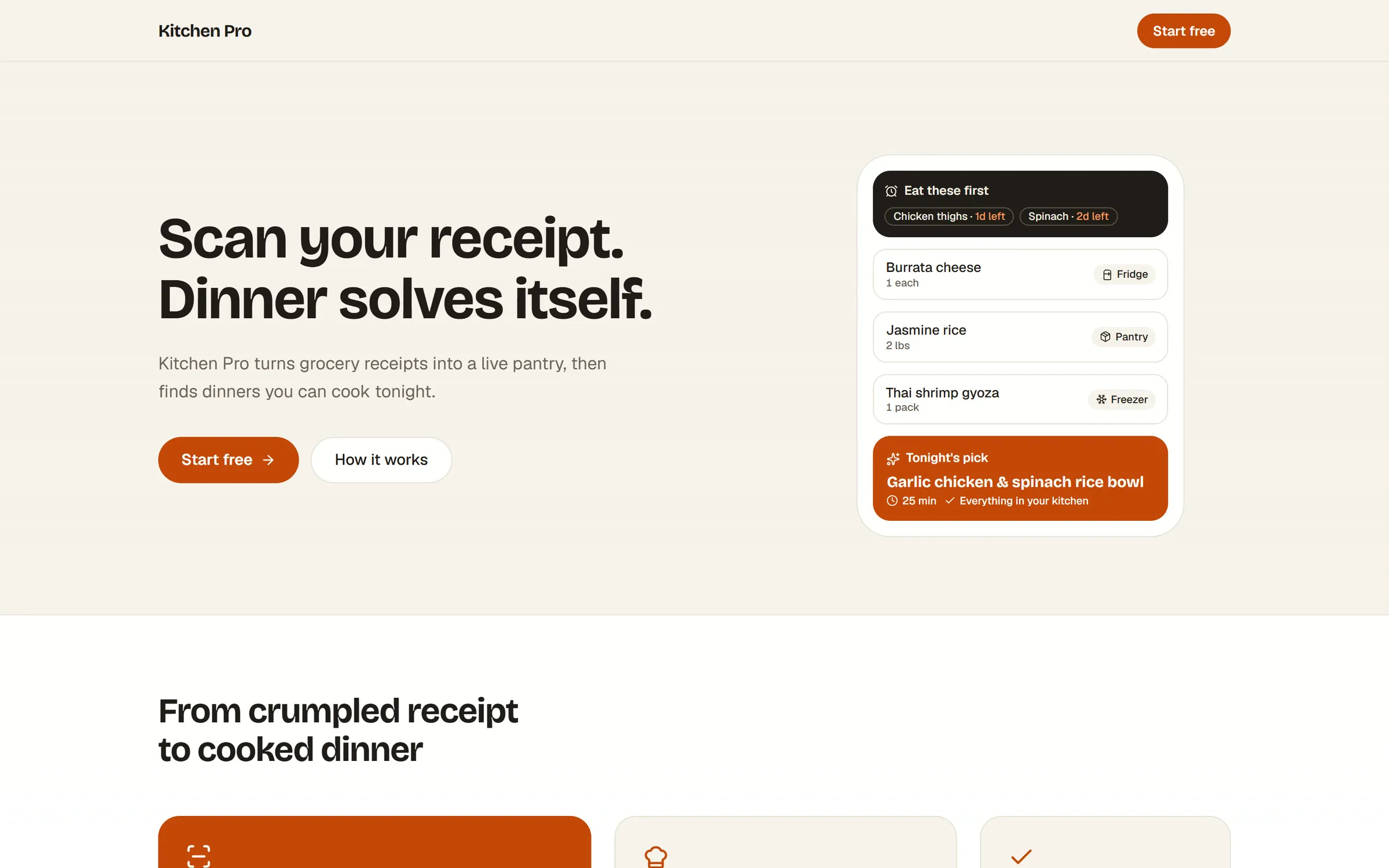 The Kitchen Pro landing page with a large headline and a pantry card on a cream background