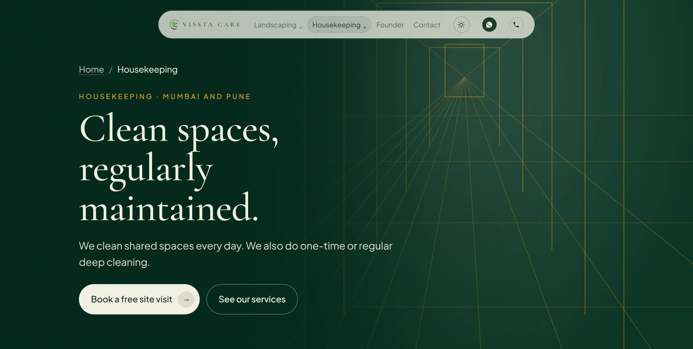 A dark green page header with fine gold perspective lines receding to a point