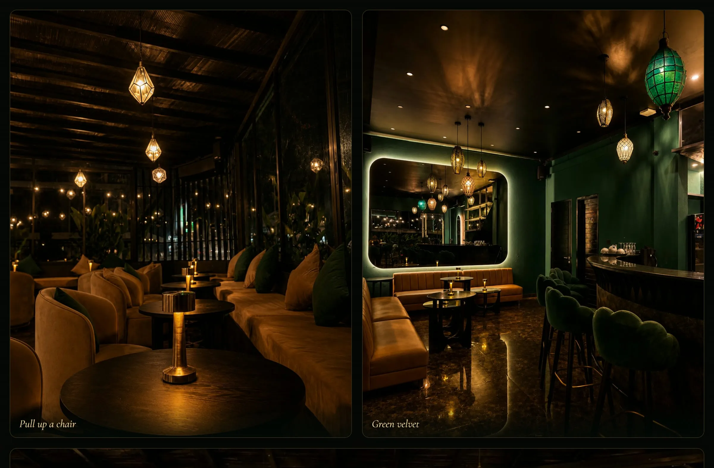 Two photographs of a dim lounge with velvet seats and glowing lanterns