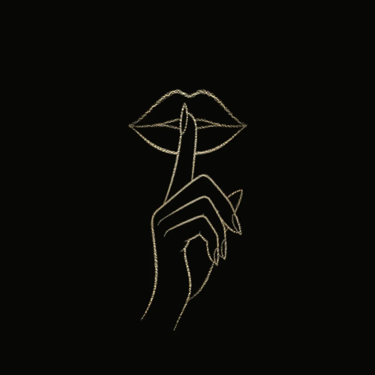 Gold line drawing of a finger held to lips on a black background