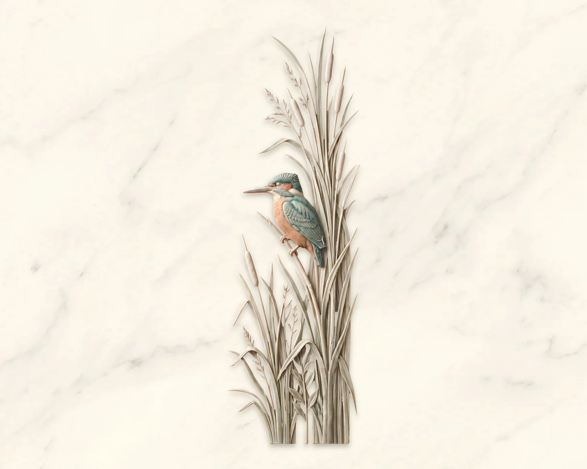 A kingfisher on reeds rendered as marble relief