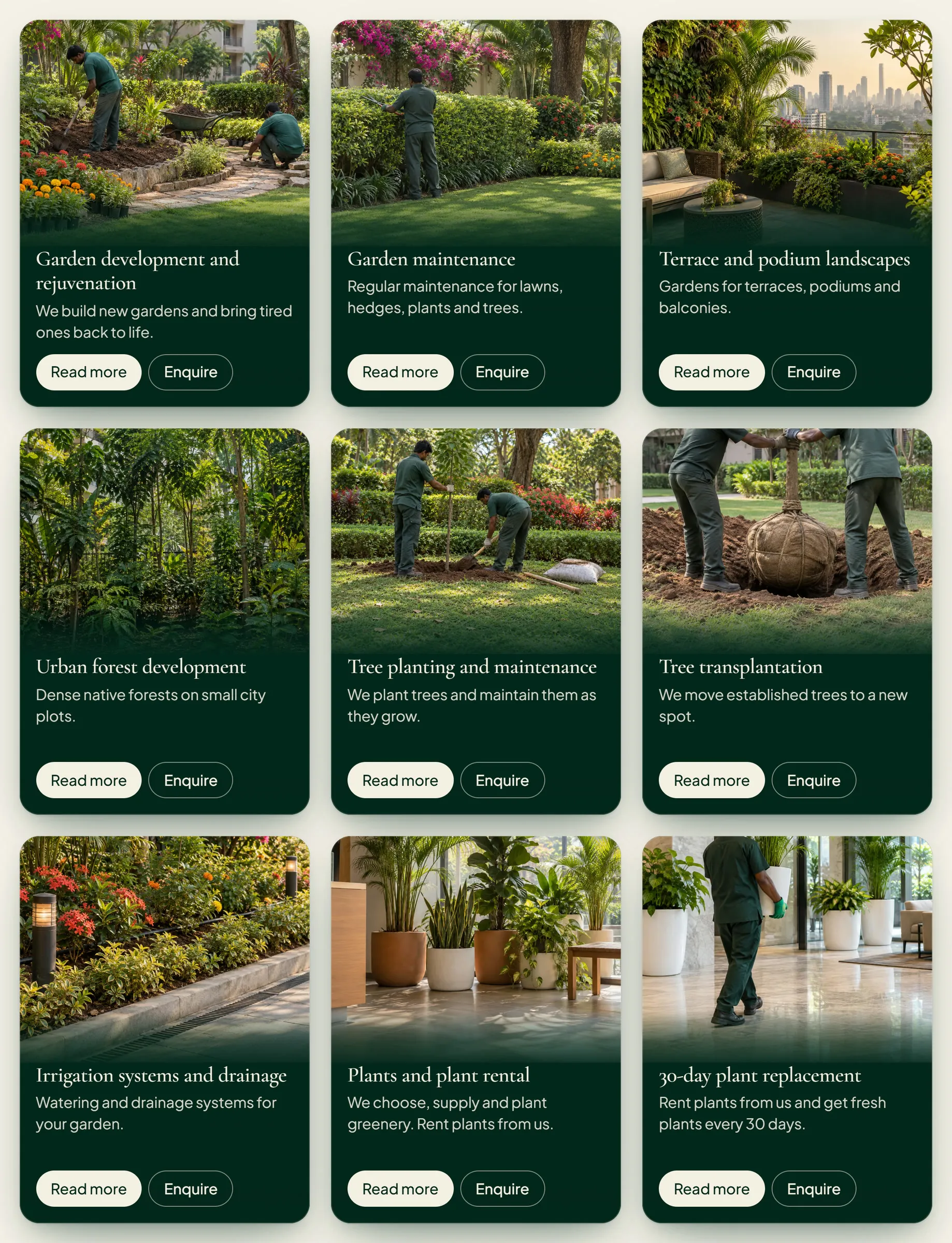 A grid of nine green service cards with garden and plant photos