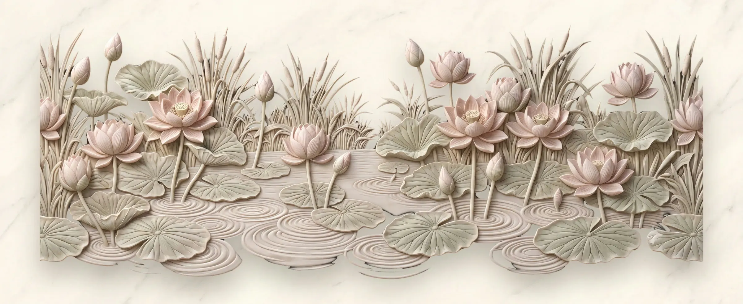 A pond of pink lotus flowers and lily pads rendered as marble relief