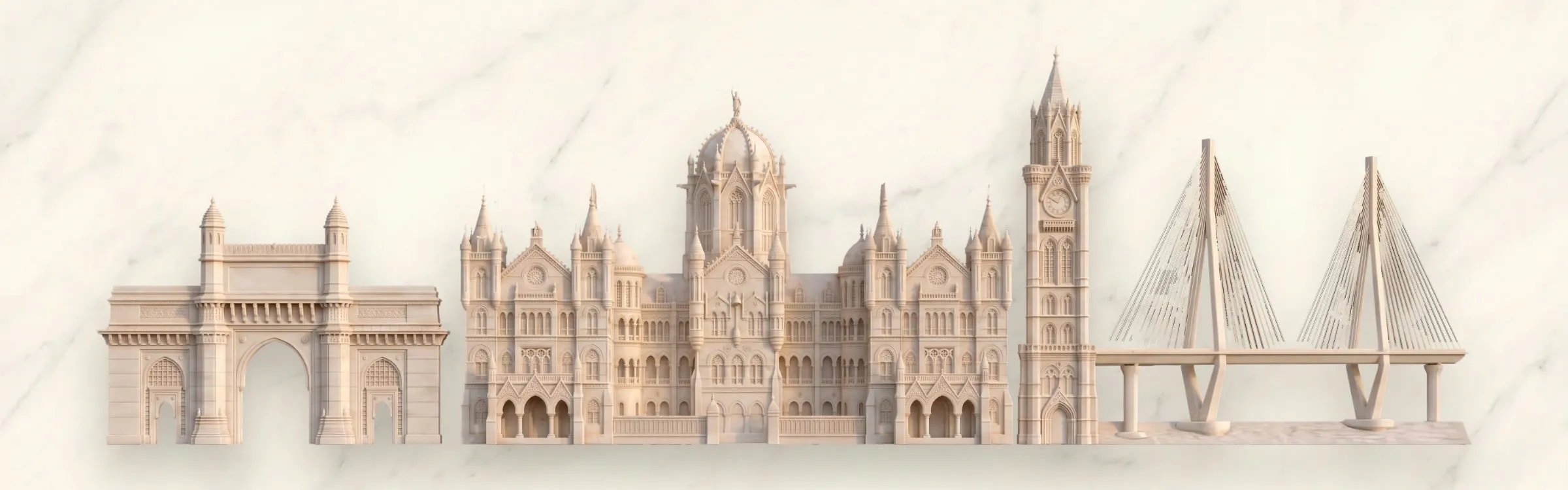 Three Mumbai landmarks and a sea bridge rendered as marble relief on a white marble background
