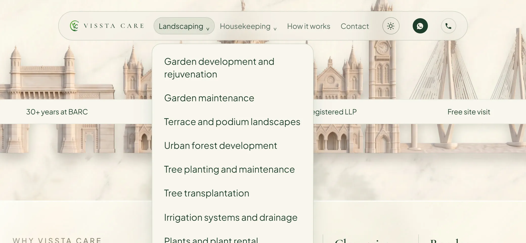 A floating pill navigation bar with a dropdown listing nine landscaping services