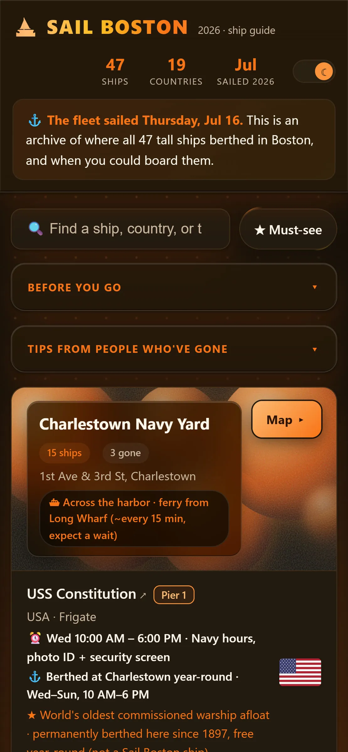 The Sail Boston ship guide on a phone