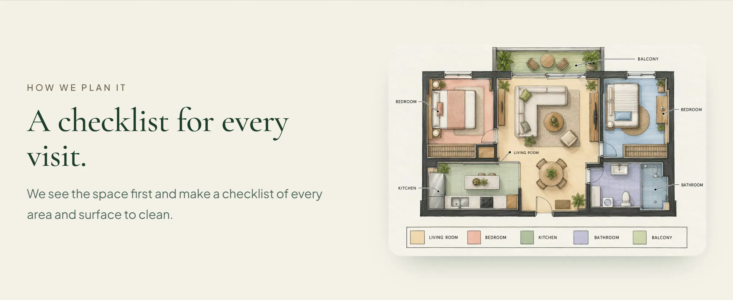 An illustrated floor plan of a flat with bedrooms, living room, kitchen and bathroom