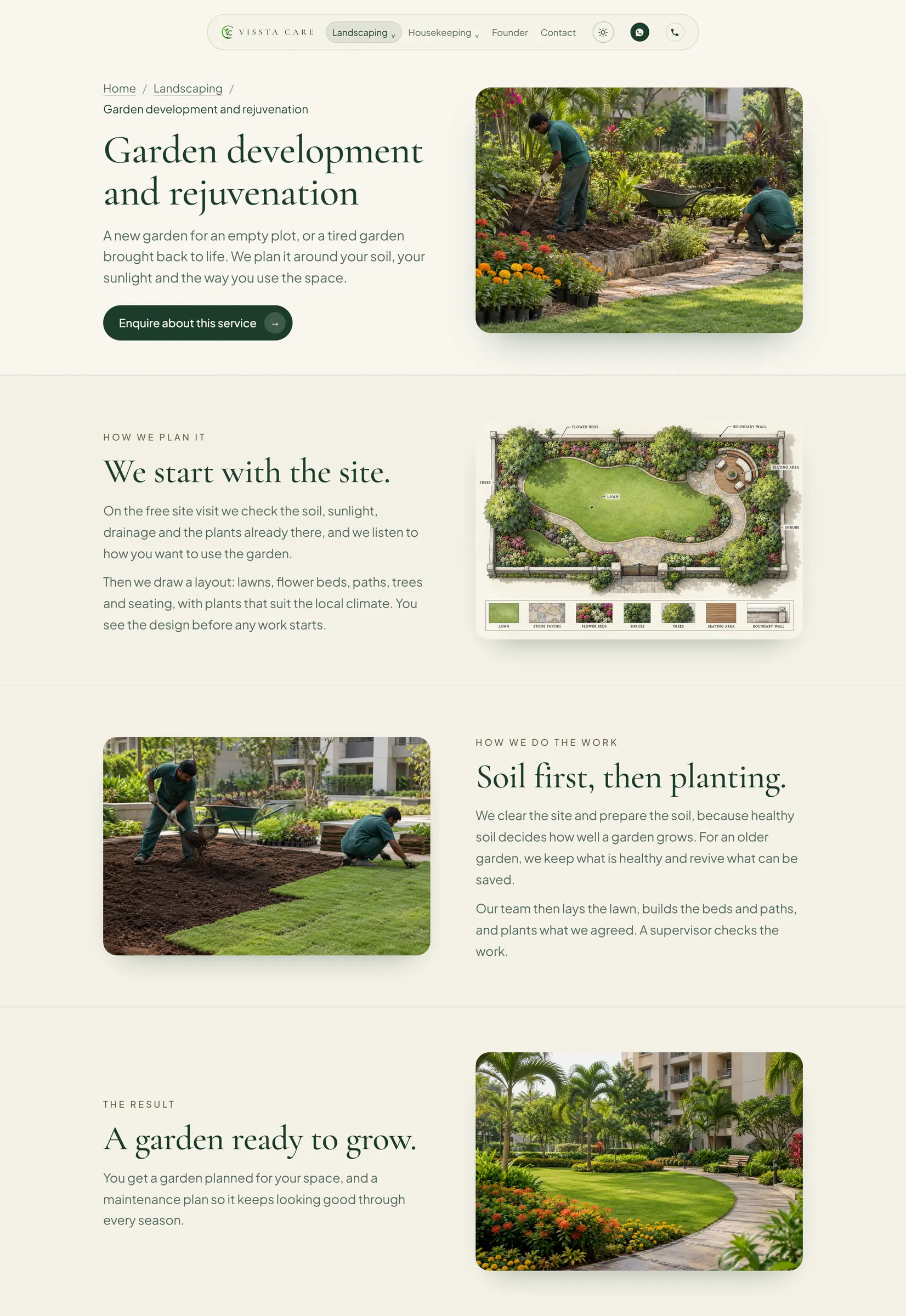 A long service page alternating text with a garden photo, a garden plan drawing, workers laying turf and a finished garden