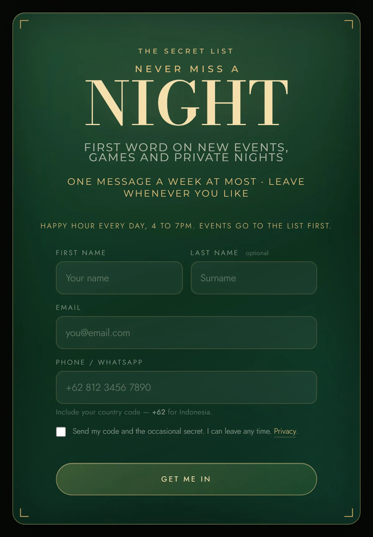 A green card with a large gold NIGHT heading and a sign-up form
