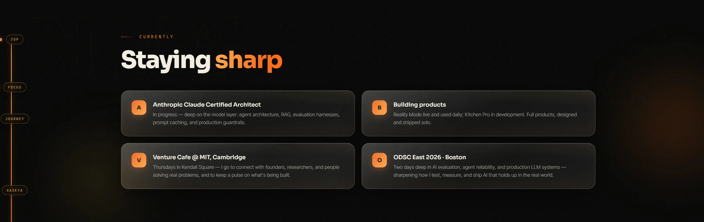 Four dark cards with orange square icons under a large heading