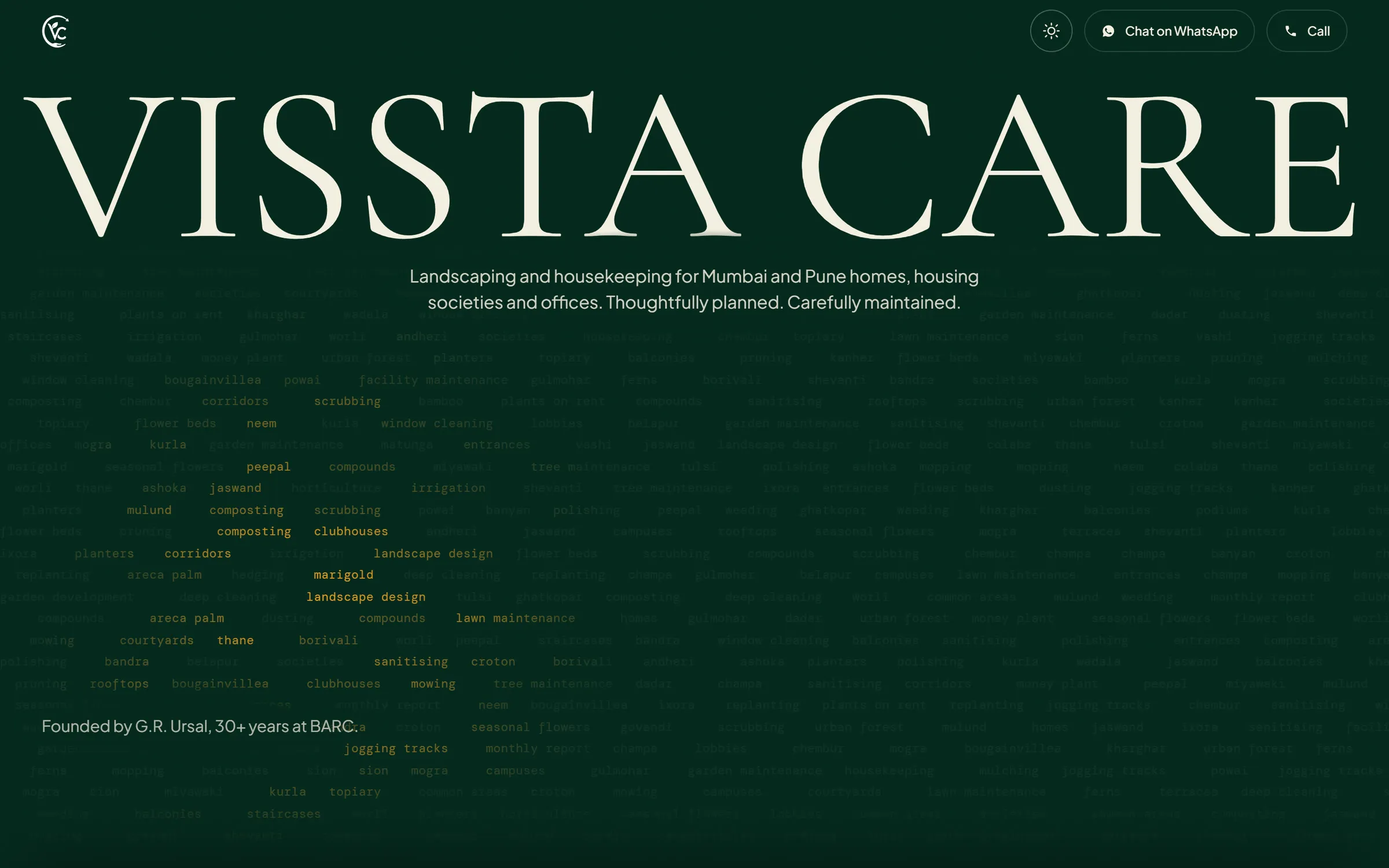The words VISSTA CARE in large cream capitals on dark green over a field of small service words